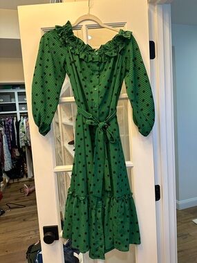 Like New Who What Wear Green/Black Polka Dot Ruffle Midi Dress XS